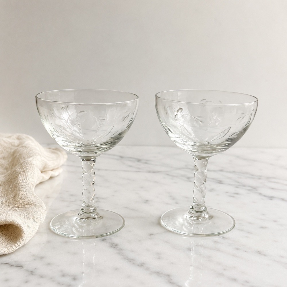 Vintage Etched Champagne Coupe Glasses Pair Twisted Stem Floral Leaf Clear Glass